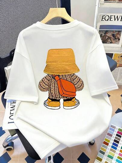 Bear Print Round Neck T-Shirt, Plus Size Women's Streetwear Fashion Item, Suitable For Summer, New Year, Holidays, Daily Wear, Outings, Beach, Parties, School, Music Festivals, Vacations, Commuting And Other Occasions. Summer Holiday Outfit, Beach Outfit, Vacation Outfit, Spring Outfit, Mother's Day Gift; Mom Gift; Graduation Short Sleeve Top, Women's Summer Outfit, Women's Holiday Attire Casual