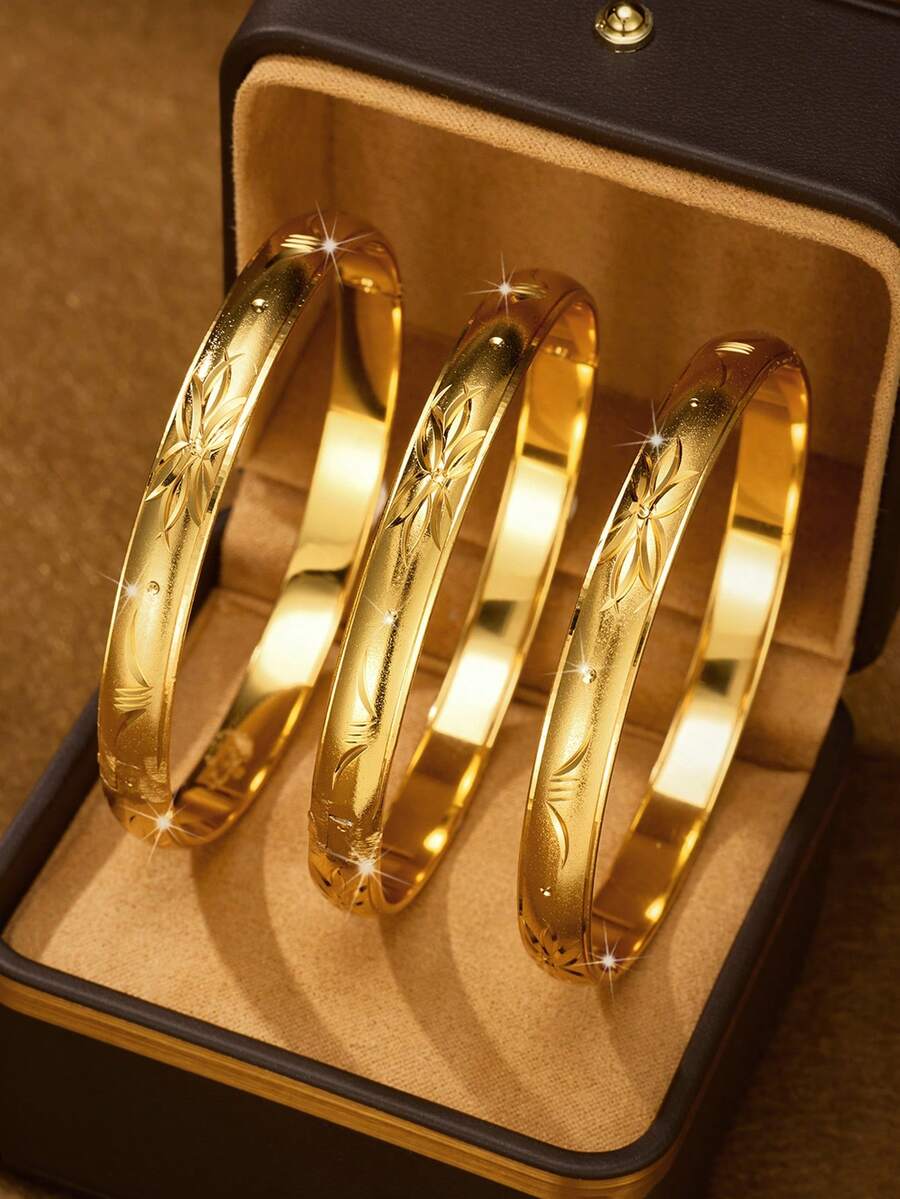 1/3/6件套手工闪亮24K镀金钻石切割八角形手镯，10毫米宽，适合女性佩戴，无包装盒 - 金色 - 查看 1