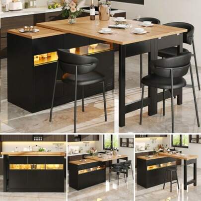 Modern Extendable Bar Table With LED Lighting & 360° Swivel - 120-180cm Adjustable Length Kitchen Island Table With Storage, Ideal For Living Room, Dining Room & Home Office
