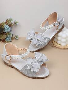 A Pair Of 2026 New-Style Girls' Net-Silk Rhinestone Bow Pearl Anti-Slip Slip-On Mid-Heel Ankle Strap Sandals | Suitable For Sisters' Afternoon Tea Outings / School Club Presentations - Silver - View 3