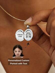 1pc Customized Photo Locket Necklace, Stainless Steel Engraved Oval Pendant Necklace, Gold Photo Necklace, Memorial Jewelry, Anniversary Gift, Mother's Gift, Mother's Day Gift - Multicolor - View 8