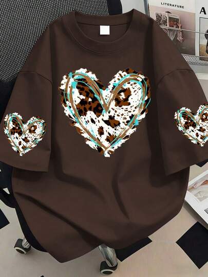 Camiseta de cuello redondo con estampado de corazón azul-verde y leopardo, adecuada para vacaciones de verano, talla grande para mujer