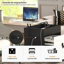 Vlsrka Mesa de Noche con Enchufes para Recamara, Buros Blanco Moderno con Ruedas y 2 Cajones, Mesa Auxiliar con Estante Elevable Ajustable (Negro y Blanca Rustic) - Negro y Blanco Rustic - Ver 6