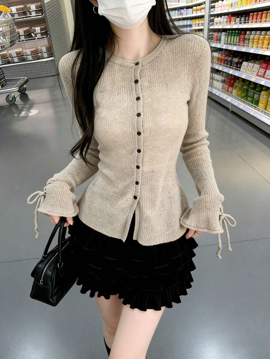 秋季长袖针织开衫上衣，简约设计修身叠穿套头衫 - 卡其色 - 查看 1