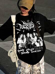 Spring And Autumn Round Neck Short Sleeves For Girls - KATSEYE Members - Printed Pattern Design Round Neck T-Shirt, Pattern T-Shirt Pullover, Girls' Top, 180g Polyester Soft Fabric, Suitable For Giving Gifts To Children For Back To School, Parties, Outdoors, Travel Wear - 黑色 - 查看 2