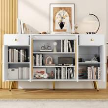 Kommode, Anrichte, Sideboard; With 2 Schubladen And 4 Turen; Regalböden Höhenverstellbar, Für Wohnzimmer Und Küche Geeignet; White And Natural,Maße: W140 X D35 X H82 Cm - White - View 7