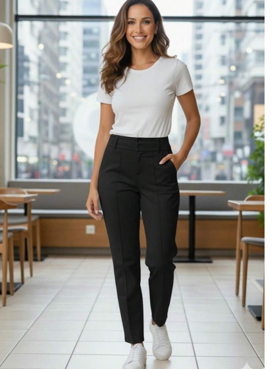Women's Twill Pants With Lycra And Inset Pockets - Black - View 1