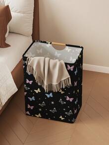 1 pieza Caja de almacenamiento con tapa abierta con estampado de mariposa, cesta de lavandería plegable con asa de madera, cesto de ropa sucia plegable para el hogar y el baño - Multicolor - Ver 3
