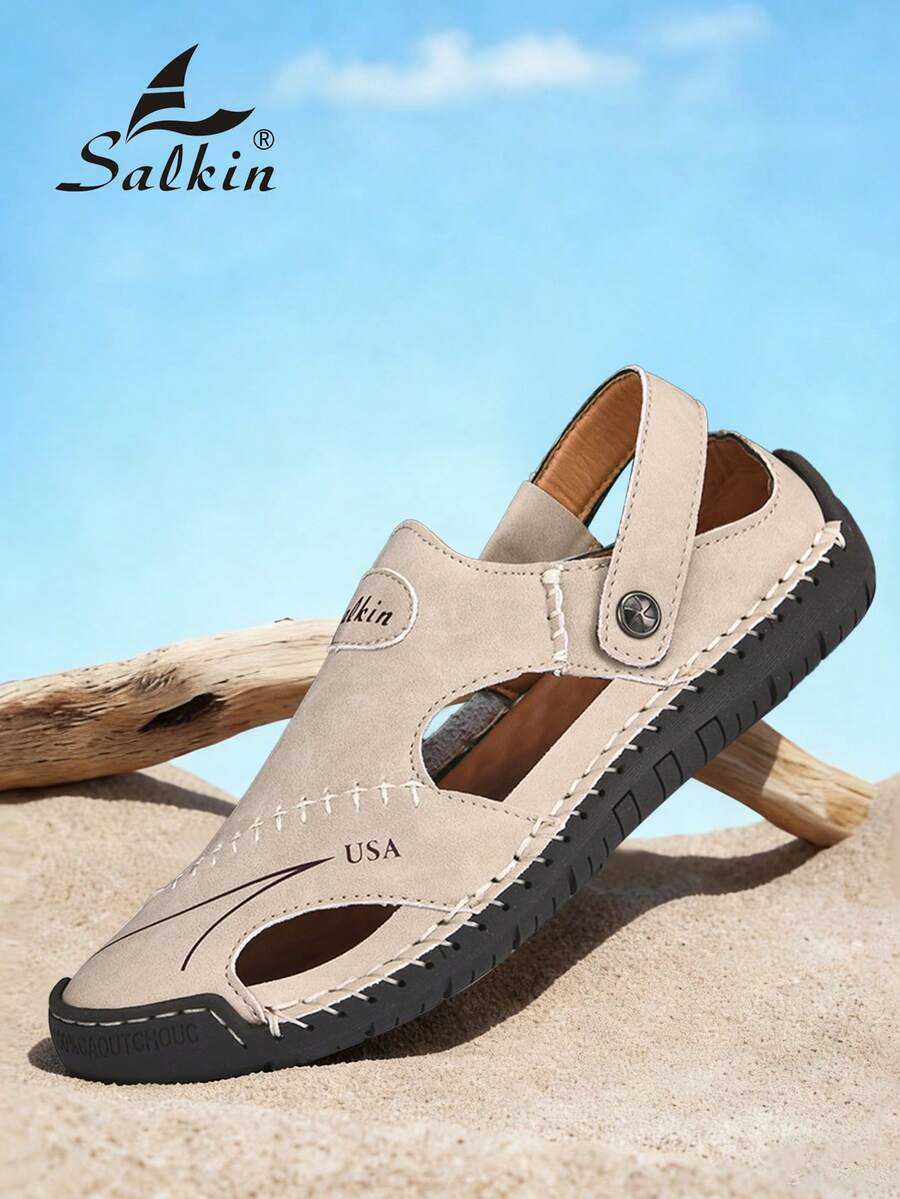 Salkin 新款设计师手工夏季男士凉鞋，价格亲民，奢华工艺，包头设计，多功能，稳固贴合，后跟带设计，平底防滑，经久耐穿，休闲百搭，适合户外、沙滩、钓鱼、散步等场合，透气柔软，舒适透气。建议选购大一码。