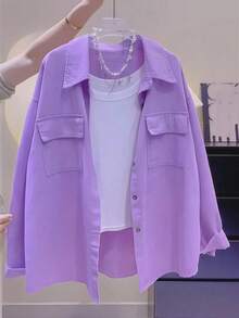 女士紫色纽扣衬衫领长袖上衣，常规版型，梭织面料，适合春季休闲穿着 - 紫色 - 查看 8