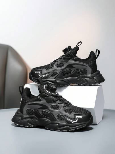 1 par de zapatillas deportivas de malla para niños, de estilo primavera/otoño, con hebilla rotativa ajustable de fácil puesta y quita, adecuadas para uso casual, deportivo, escolar y de moda, versátiles y atléticas