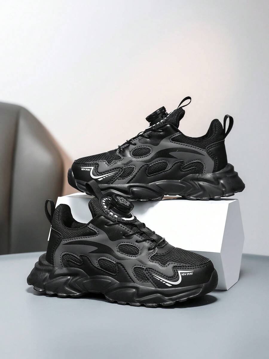 1 par de zapatillas deportivas de malla para niños, de estilo primavera/otoño, con hebilla rotativa ajustable de fácil puesta y quita, adecuadas para uso casual, deportivo, escolar y de moda, versátiles y atléticas - Negro - Ver 1