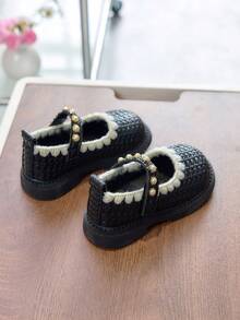 New Round Toe Furry Loafers, Thick Sole Mary Jane Shoes - Black - View 5