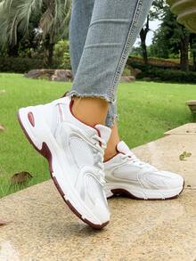 American Retro Contrast Color Running Shoes, Mesh Breathable, Thick Bottom Cushioning, Campus, Street, Daily Wear Template, Running Shoes To Grasp The Relaxation Feeling, 5cm High Casual Shoes - Đỏ - Xem 4