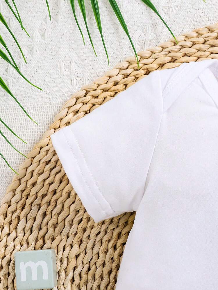 卡通兔子印花男婴连体衣，可爱短袖 - 男女宝宝均适用 - 白色 - 查看 3