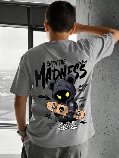 Boys' Skateboard & Cartoon Graphic Round Neck Short Sleeve T-Shirt, Spring/Summer New Arrival