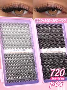 720PCS Super High-Volume DIY Clusters False Individual Lash Eyelashes Extensions Kit, D Curl 10D+20D+30D+40D/50D+60D+80D+100D Mixed Style Lashes Set With Lash Bond&Seal Lash Tweezers And Brush, 8-16mm Large-Capacity Cluster Fake Eyelashes, Suitable For Self Application At Home Daily Wear - Lilac Purple - View 15
