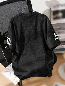 男童休闲简约标语雪花印花圆领短袖T恤，时尚舒适新款，春夏款 - 黑色 - 查看 2