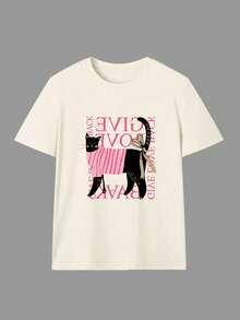 Áo thun dáng rộng họa tiết tối giản, dễ thương hình mèo tạo không khí ấm áp, phù hợp cho các bạn gái tuổi teen, thích hợp làm áo mùa hè. - Màu be - Xem 2