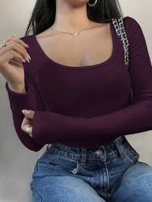 Women's Casual Solid Color Black Knit Scoop Neck Long Sleeve Slim Fit T-Shirt,Thermal Lined Without Bulkiness, Upgraded Thermal Fabric,  Slim Fitted Stretch Undershirt Tee Blouse For Fall And Winter - Purple - View 3