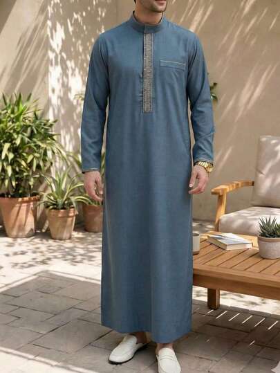 斋月男士长袍，长袖刺绣立领设计，沙特阿拉伯伊斯兰传统服装，适合日常穿着、节日聚会、斋月礼物、男士优雅正式商务服装。
