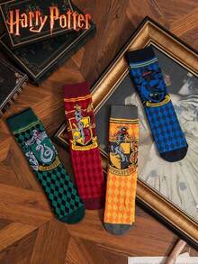 Warner Bros 4 Pairs Harry Potter Series Socks With School , Shield, Animal Cartoon Designs, Breathable & Warm Mid-Calf Socks, Suitable For Daily Wear, Spring/Summer - Multicolor - View 6