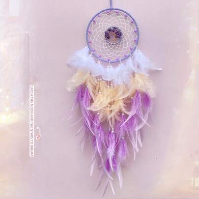 高级奢华羽毛装饰捕梦网，水晶石生命树编织风铃，客厅墙面装饰