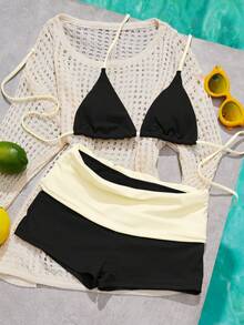 Đồ bơi bikini nữ, trang phục đi biển màu vàng nhạt phong cách retro hàng ngày/quần thể dục/áo khoác ngoài/thường ngày/Y2K/trang phục phương Tây gợi cảm/phong cách Bohemian/cocktail/cổ điển/ôm sát/lễ hội/thanh lịch/giàu có/thời trang đường phố/khu nghỉ dưỡng mùa xuân hè màu đen, kỳ nghỉ - màu đen - Xem 7