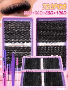 720PCS Super High-Volume DIY Clusters False Individual Lash Eyelashes Extensions Kit, D Curl 10D+20D+30D+40D/50D+60D+80D+100D Mixed Style Lashes Set With Lash Bond&Seal Lash Tweezers And Brush, 8-16mm Large-Capacity Cluster Fake Eyelashes, Suitable For Self Application At Home Daily Wear - Lilac Purple - View 3