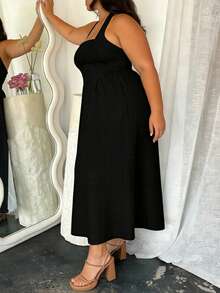 Đầm nữ cỡ lớn thanh lịch màu trơn, dây mảnh, hở lưng, thích hợp cho hẹn hò, tiệc tùng, mùa hè, tiệc Ngày của Mẹ. Màu đen. - màu đen - Xem 3