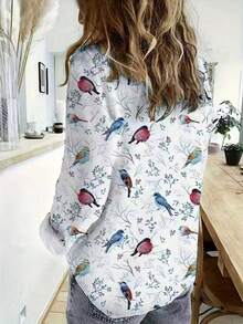 Áo sơ mi nữ tay dài cài cúc phía trước, họa tiết chim chóc, kiểu dáng thường ngày, màu trắng cho mùa thu nghỉ lễ. - trắng - Xem 4
