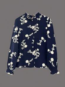 女士新款优雅时尚长袖刺绣衬衫，立领灯笼袖设计，适合外出和日常穿着。 - 寶藍色 - 查看 4