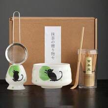 1件/4件/5件/7件套手绘星猫抹茶茶具套装，包含抹茶碗、抹茶筅、抹茶杯、搅拌棒、茶匙、茶碗套装、抹茶冲泡工具、甜点和饮品制作工具、日式礼盒、松金抹茶搅拌套装、抹茶爱好者礼物 - 彩色 - 查看 7