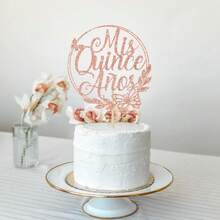 Mis Quince Años Adorno para Tarta, Feliz 15 Años, Adorno para Tarta de 15 Cumpleaños, Hello 15, Decoración de Fiesta de Cumpleaños 15 (Oro Rosa con Purpurina) - Brillo de oro rosa - Ver 7