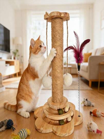 实木猫抓柱猫树猫玩具立式猫抓柱耐磨不掉毛猫转盘一体式猫玩具现代猫抓板 - 家居装饰，坚固耐用，宠物友好型猫抓树带球 - 适合幼猫和成猫玩耍，减少家具损坏