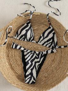 新款夏季女士沙滩装，斑马纹印花，性感可爱的露背系带设计，度假风比基尼套装，甜美优雅风格，2026年流行沙滩造型。 - 彩色 - 查看 4