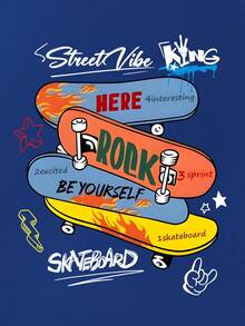 青少年男童滑板印花圆领T恤，夏季休闲柔软上衣 - 藍色 - 查看 7