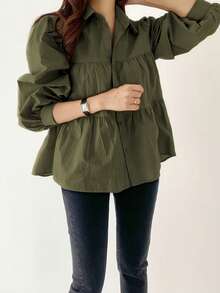 Women's Solid Color Woven Fabric Front Button Casual Elegant Minimalist Long Sleeve Shirt Blouse, Versatile For Daily, Vacation, Office, Travel, Airport, Spring/Summer/Autumn/Winter, Christmas, Thanksgiving And Other Holidays, Outdoor, Ceremony, Birthday - Army Green - View 7