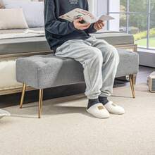 Upholstered Bench With A Lambswool Look, With Sturdy Steel Legs, 112 X 41 X 46 Cm, Grey, Ideal For Bedroom, Living Room Or Entrance. - Grey - View 7