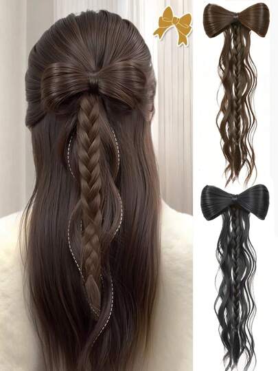 Bowknot Half-Tied Wig Braid, Korean Princess Style Duck Mouth Clip Buns Curly Hair Extension Ponytail