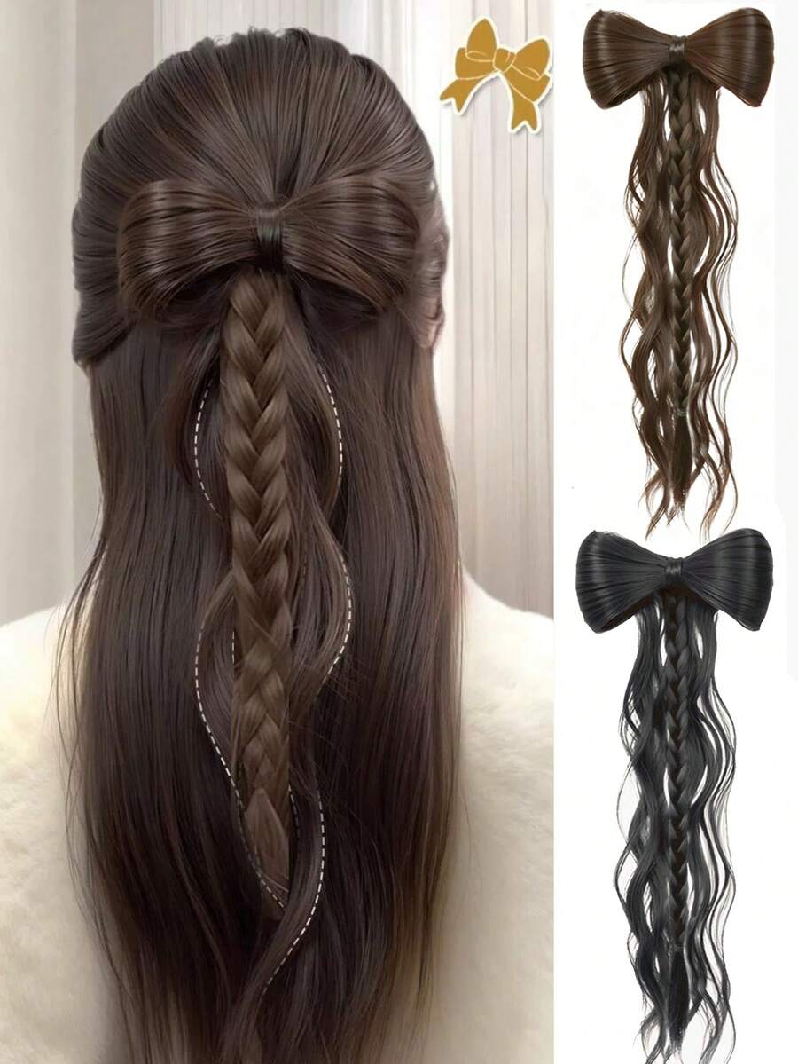 Bowknot Half-Tied Wig Braid, Korean Princess Style Duck Mouth Clip Buns Curly Hair Extension Ponytail - Multicolor - View 1