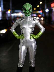 万圣节外星人服装套装 - 逼真乳胶面具 + 闪亮手套，男女皆宜，适合角色扮演派对 - 彩色 - 查看 1