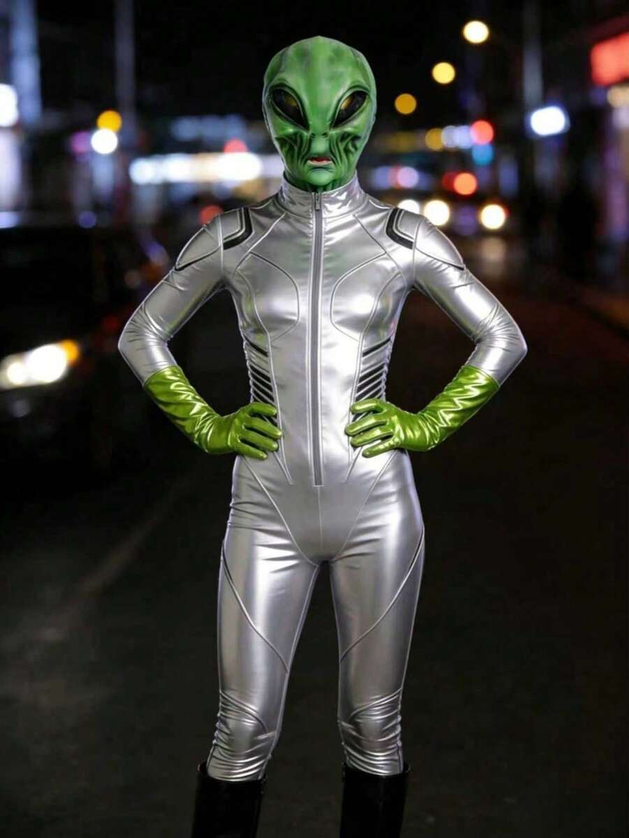 万圣节外星人服装套装 - 逼真乳胶面具 + 闪亮手套，男女皆宜，适合角色扮演派对 - 彩色 - 查看 1