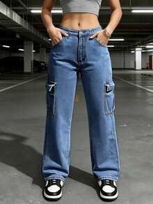Women's Long Straight Leg Cargo Jeans With Pockets, Casual Wear - Medium Wash - View 5