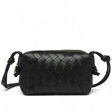 Túi đựng máy ảnh dệt dập nổi mới, túi đeo vai đa năng thời trang, túi đeo chéo nhẹ độc đáo, túi vuông dệt dập nổi với dây đeo thắt nút, túi đeo chéo đựng máy ảnh dung lượng lớn. - màu đen - Xem 5