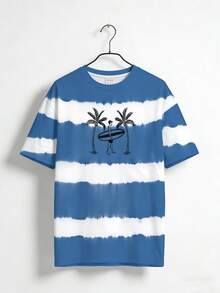 Plus Size Men's Fashionable White & Striped Ombre Print Short Sleeve T-Shirt, Casual Contrast Color Tee With Palm Tree Logo, Versatile For Daily Wear And Workout, Summer - Multicolor - View 3