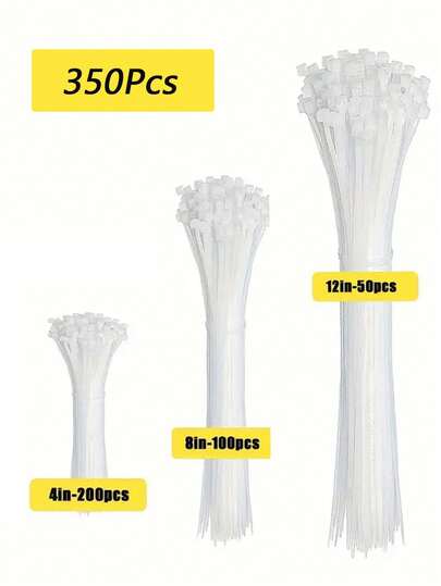 350PCS White/Black Zipper Zip Ties, Various Sizes (10.16/20.32/30.48cm), Transparent Plastic Zip Ties (Small To Large), Heavy-Duty Nylon Zip Ties, Multi-Purpose Mixed Zip Ties, Multifunctional Wire Management Zip Ties, Suitable For Offices, Garages, And Workshops