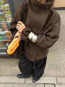 Áo khoác nữ cổ cao hai hàng cúc kiểu cổ điển, áo blazer công sở cho nữ, áo khoác dáng suông tay dài cổ cao, phù hợp cho thời trang thu đông. - màu nâu - Xem 2