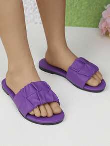 Summer New Girls' Outdoor Slippers, Round Toe Fabric Ruched Design, Fashionable And Generous Solid Color Western Style Children Flat Sandals - Violet Purple - View 3