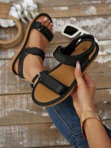 2026 Nuevas sandalias de verano estilo coreano para mujer, con correa de gancho y bucle, zapatos versátiles para la playa - Negro - Ver 1